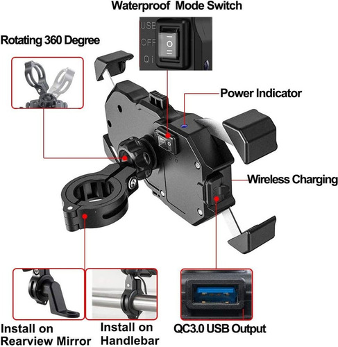 Suporte Celular Com Carregador Por Indução E Usb Para Moto