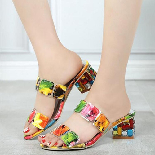 Sandalias Taco C/ Brillos Acrilicos Eco Cuero