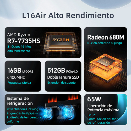Notebook Laptop Machenike L16Air 16'' Gris 16 Gb RAM 512 Gb SSD 120 Hz 2560 Px X 1600 Px QHD Amd Radeon 680m Amd Ryzen 7 7735h Teclado En Español Windows 11 Pro Sistema Español Latino