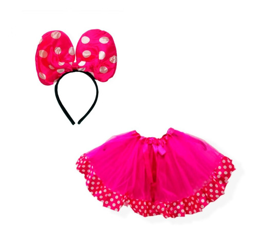 Disfraz Minnie Niña Mouse Combo Falda Diadema Con Luz 