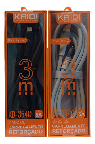 Cabo De Dados Usb Carregamento Reforcado Kaidi 3 Metros 5a Cor Tipo C Cinza