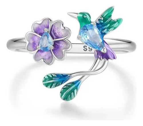 Anillo Colibri Multicolor Ajustable Plata 925 Joyas Mujer