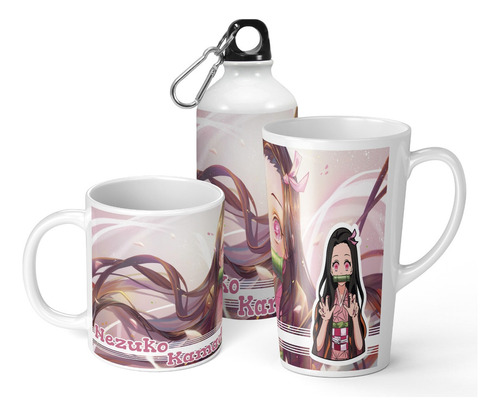 Set De Taza + Botella + Taza Conica Nezuko Kimetsu No Yaiba