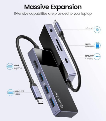 Concentrador Usb-c Orico 8 En 1: Adaptador De Multipuertos