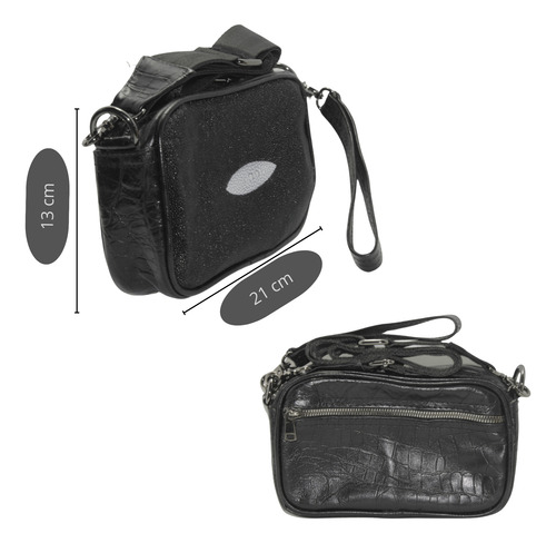 Bandolera Piel Genuina Mantarraya Exotica Cocodrilo Negro