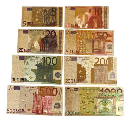 8 Billetes Dorados Color Euros Coleccion Chapa 5-1000 Euros