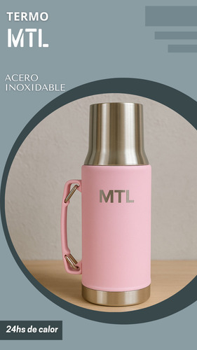 Termo Mtl 1 Litro Acero Inoxidable Pico Cebador Mate System Color Rosa Claro Tapa Vaso Térmico Doble Pared Reforzado Alta Resistencia Líquidos Calientes Fríos