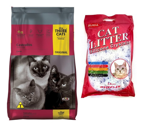 Alimento Three Cat Gato Castrado 10kg+ Gel Sílica Cat Litter