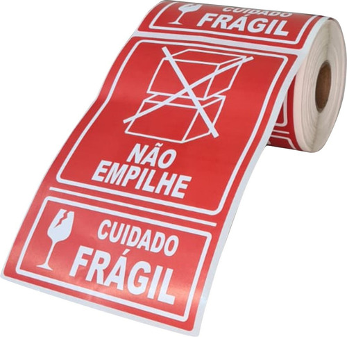 1 Rolo Etiqueta Não Empilhe Frágil 100x150mm(10x15cm)couche Cor Vermelho E Branco