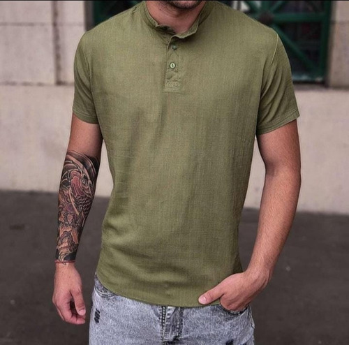 Camisa Camisola Manga Corta Cuello Mao Lino Elastizad Hombre