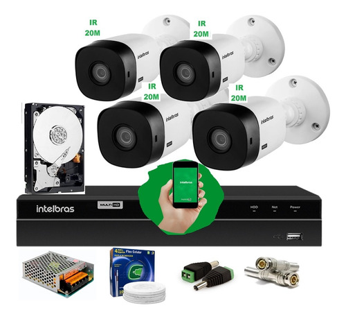 Imagem 2 de 3 de Kit Intelbras 4 Cam 1120b G4 Ir 20m Dvr 4 Mhdx 1104 Hd 500g