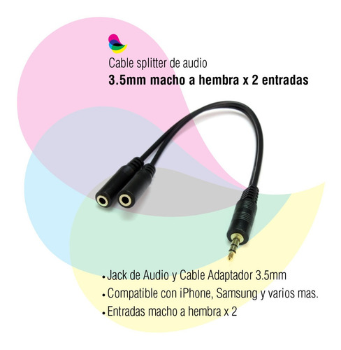 Imagen 2 de 4 de Cable Adaptador Audio Miniplug 3.5mm Macho A 2 Hembra 3.5mm