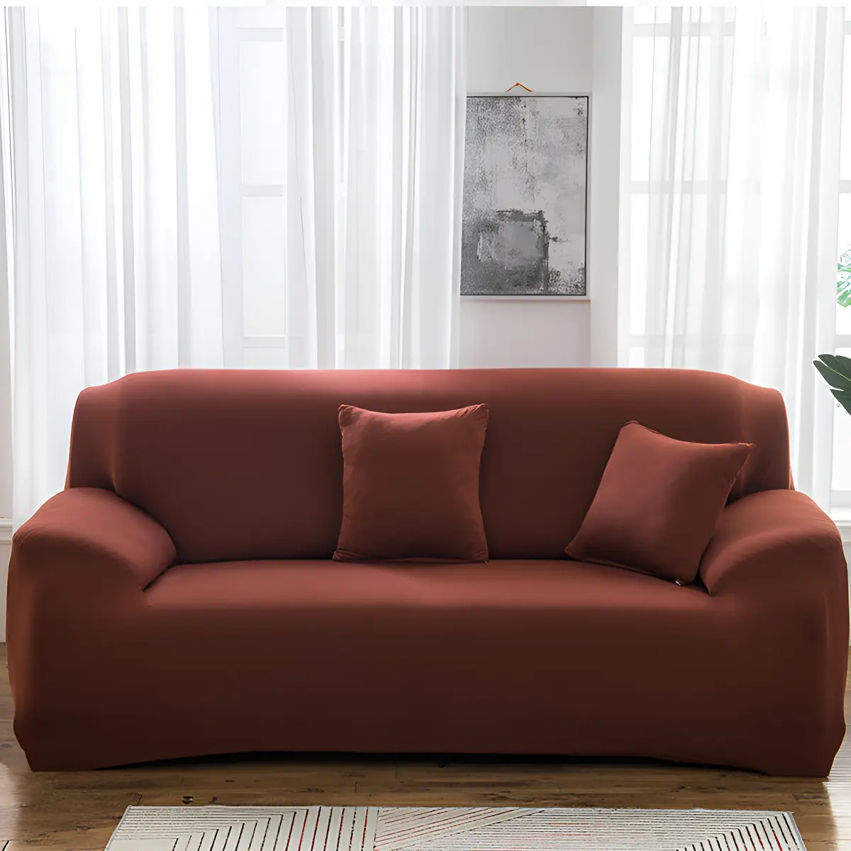 Funda Elástica Sofá Cubre Protector Sillon 3 Plazas Lavable Color Naranja Oscuro Topfuture Tf-230