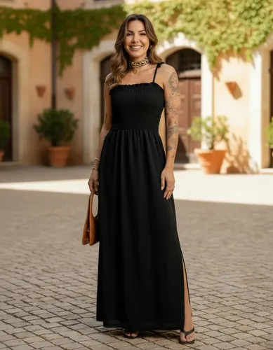 Vestido Feminino Longo Alça Ajustável Lastex Fenda Casual