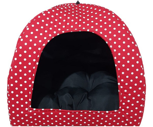 Cama Pet 2x1 Casinha Cabana Toca Iglu Cães Gato Almofada G Cor Poá Branco Com Vermelho