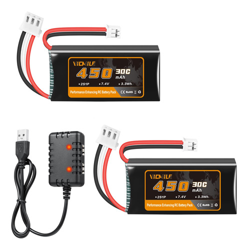 Vicmile Bateria Lipo De 7.4 V 450 Mah 2s 30c Recargable Lipo