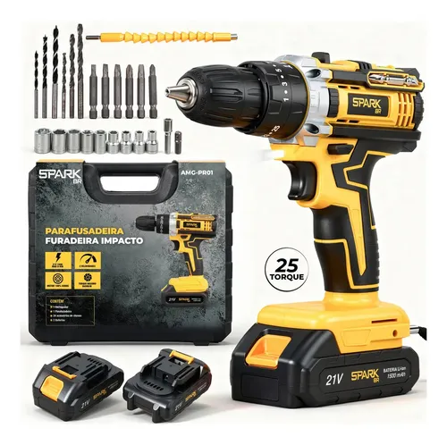 Parafusadeira Furadeira Sparkbr 2 Baterias 21v + Maleta Com Acess...