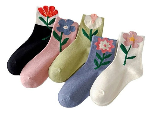 Medias Calcetines Abrigadas Algodón Con Flores Pack X5 Clic