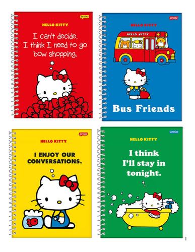 Kit 4 Cadernos Colegial Hello Kitty Capa Dura 1 Matéria 80pg Cor Kit 4 cadernos Hello kitty