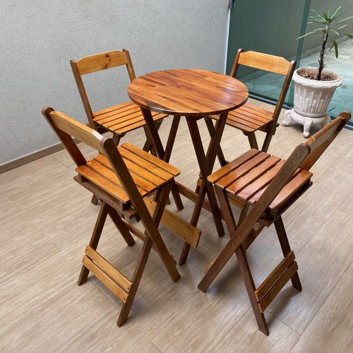 Conjunto Mesa Bistrô 4 Banqueta Alta Bar Encosto Em Madeira Cor Mel