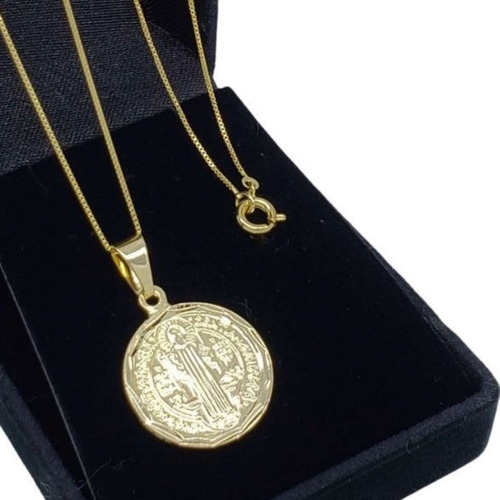 Cordão E Medalha São Bento Diamantada 20mm Banho Ouro 4322