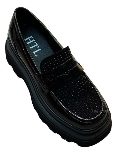 Zapatos Mocasines Negros Con Plataforma Y Brillo E-6