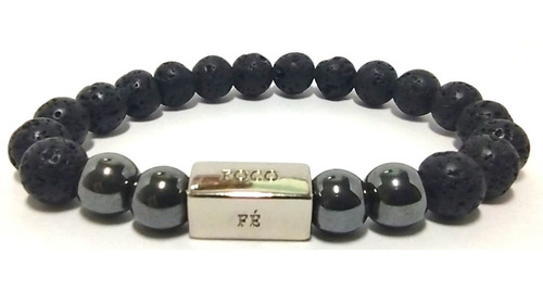 Pulseira Masculina Pedra Natural Lava E Hematita Fé Foco