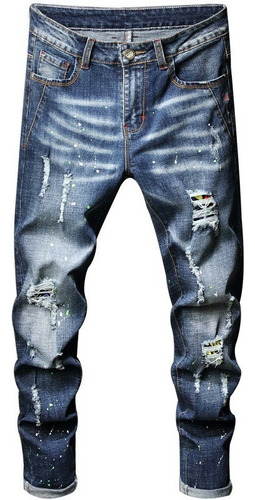 Jeans De Hombre Lavado Con Parche Rasgado