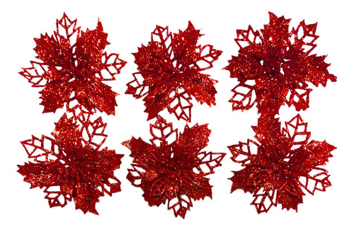 Adorno Navidad Flor Brillante Decoracion Set X6 - Sheshu Color Rojo