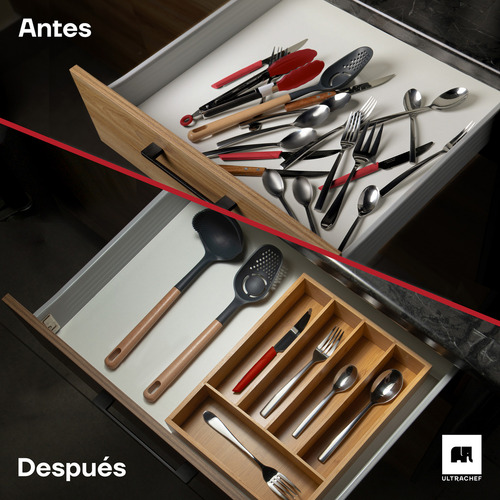 Organizador de Cubiertos de Bambú 5 Divisiones Ultrachef Bandeja de Madera para Cocina o Cajón con 5 Compartimentos Porta cubiertos Multiusos Separadores para Almacenar y Ordenar