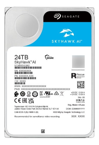 HD Seagate Sata Skyhawk Ai de 24 TB, 7200 rpm, 512 MB de caché, Sata, 6 GB/s, 3,5 colores, azul cielo