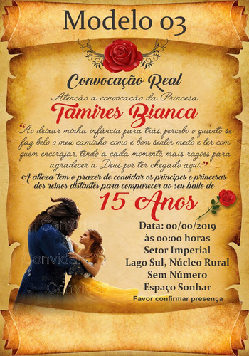 Convite A Bela E A Fera 15 Anos Pergaminho 50 Unidades + Ind