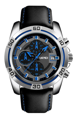 Reloj Casual Caballero Correa De Cuero Negro Azul Skmei 9156