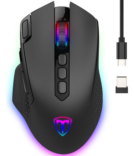 TERPORT Mouse Gamer Inalámbrico Programable S600 Con Receptor Usb Y Cable Para Juegos, 10 Botones Programables Luces RGB, 10000 dpi Y 6 Niveles Adjustables, 1000Hz Tasas de Sondeo, Tamaño Medio