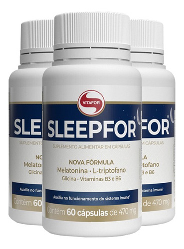 Kit 3 Sleepfor Triptofano, B3, B6 + Glicina Vitafor 60 Cáps Sabor Sem sabor