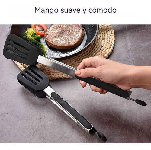 3 Pinzas De Cocina Con Espátula De Silicona Antiadherente Color Negro