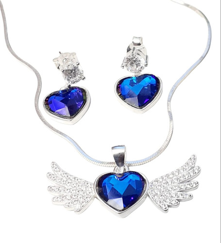 Conjunto Plata 925 Cubic Corazon Alas Azul Conp525 Reina