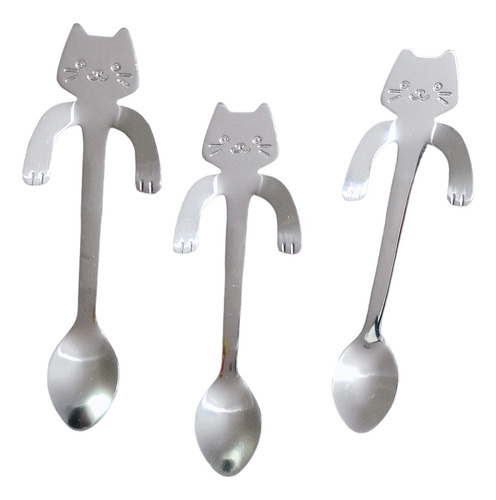 3 Cuchara De Té Café Acero Inoxidable Gato Gatito Gata Brazo