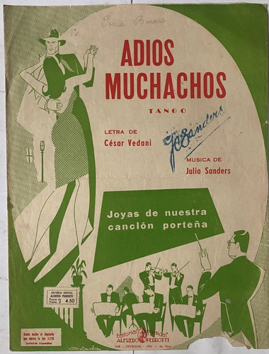 Antigua Partitura De Tango, Adiós Muchachos, Vedani 1957 Mv