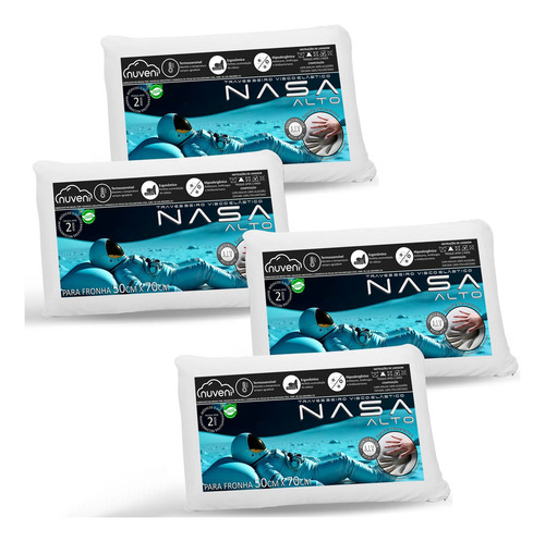Kit 4 Travesseiro Nasa Viscoelástico Confortável Alto 13cm Cor Branco