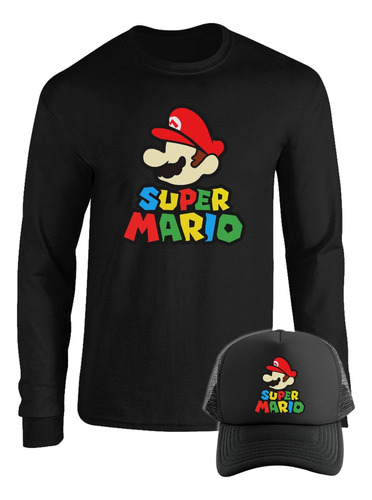 Camibuso Super Mario Bros Camiseta Manga Larga Combo Gorra 