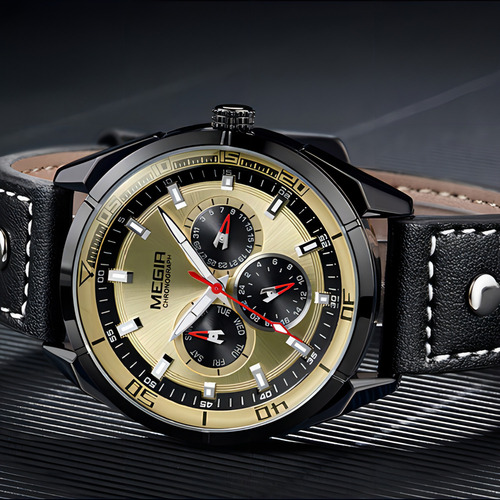 Relojes De Cuarzo Megir Calender Leather Business Color Del Fondo Dorado