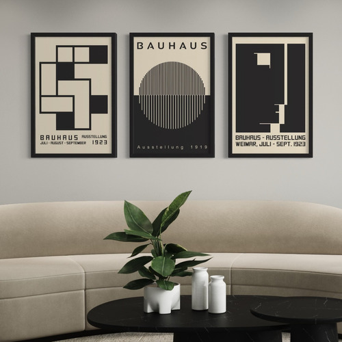 Set 3 Cuadros Con Vidrio - Bauhaus Negro Y Beige 50x75 Cm