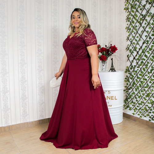 Imagem 4 de 7 de Vestido Festa Marsala Plus Size Madrinha Manga Luxo Brilho