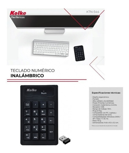 Imagen 4 de 8 de Teclado Numerico Kolke - Inalambrico - Numeros Pc Notebook