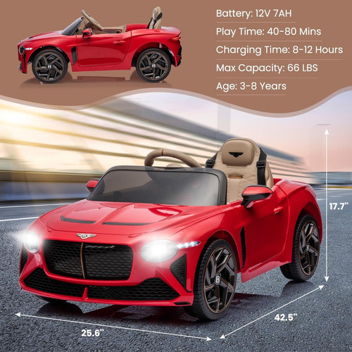 Vehículo P/niños Estilo Bentley Bacalar C/luces; 12 V; Rojo