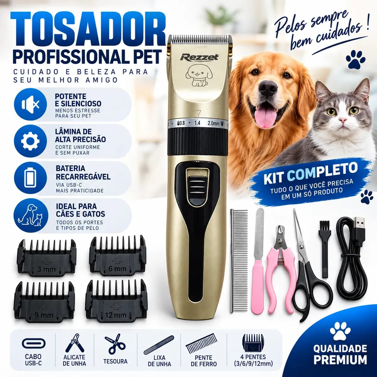 Tosador Máquina de Tosa Pet Kamufla Cães e Gatos Sem Fio Recarregável USB-C Kit Completo 4 Pentes