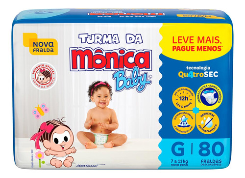 Fralda Turma Mônica Baby Mega Tamanho G 80 Unidades Leve Mai