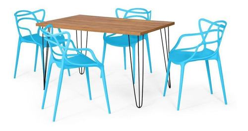 Mesa De Jantar Hairpin Natural 130x80cm + 4 Cadeiras Allegra Cor Azul