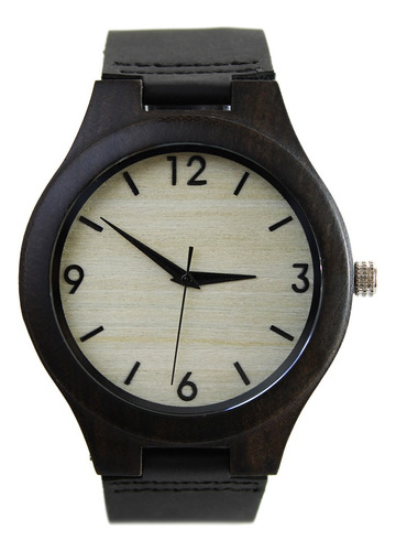 Reloj Madera Correa Cuero Negro Marcadores Números Cuartos